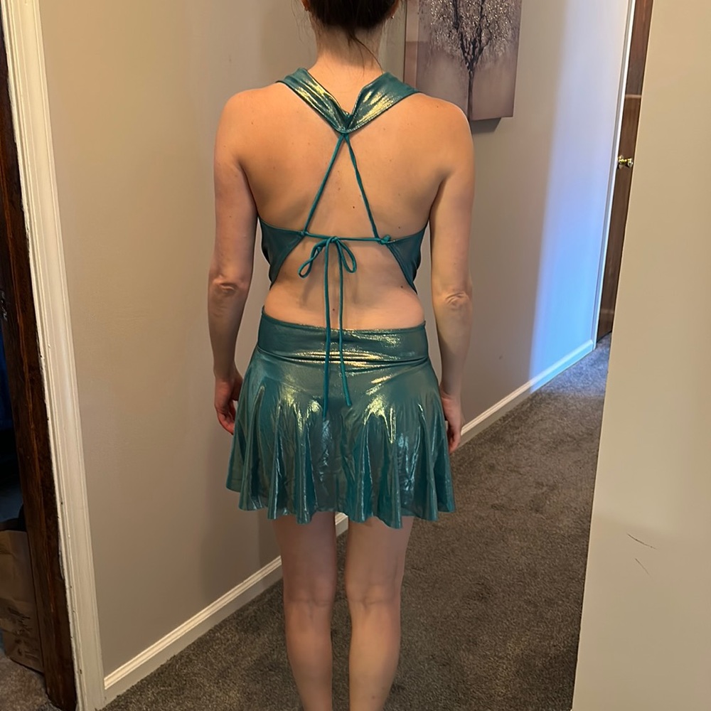 Thin shiny practically see through mini dress in teal with gold shine